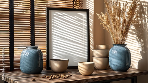 Empty Frame on Wooden Table with Decor, Sunlight, and Blinds photo