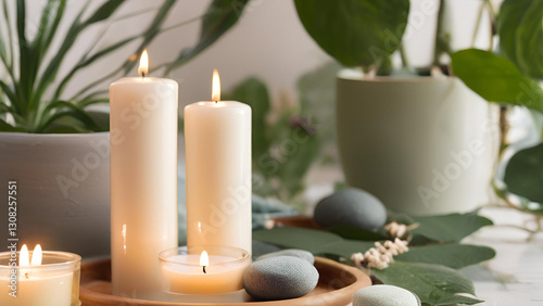 Tranquil Spa Setting Lit Candles Stones and Greenery for Wellness
