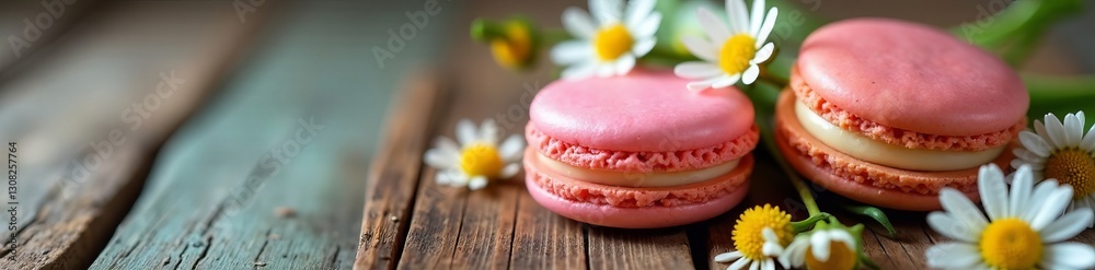 Close up of macarons arranged with daisy flowers on a rustic wooden table, close up, elegant, macaron Close up of macarons arranged with daisy flowers on a rustic wooden table, close up, elegant, macaron