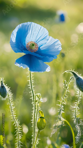 Stunning Blue Poppy Flower in Sunlight Meadow Bloom Spring Nature Photography
