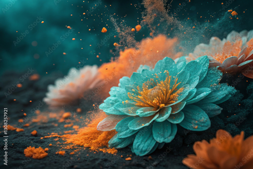 serene close up of vibrant flowers with duotone effect, showcasing beautiful blend of turquoise and orange hues. image captures delicate petals and dynamic dust particles, creating tranquil