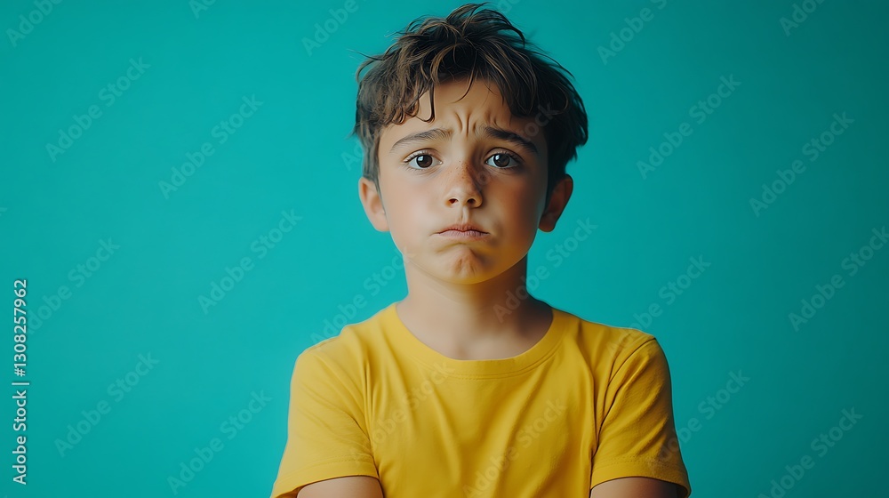 Young Boy with Frowning Expression on Teal Background Feeling Sad Young Boy with Frowning Expression on Teal Background Feeling Sad