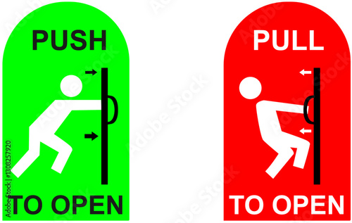 emergency exit sign, push pull vector