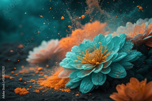 Obraz na płótnie serene close up of vibrant flowers with duotone effect, showcasing beautiful blend of turquoise and orange hues. image captures delicate petals and dynamic dust particles, creating tranquil w salonie