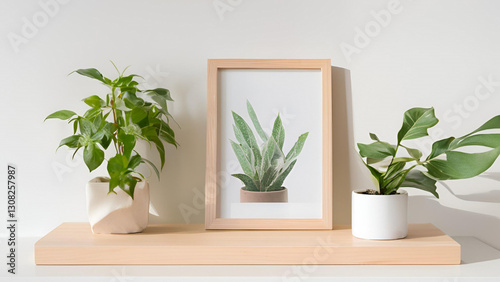 Modern Home Decor Plants Wooden Shelf Framed Botanical Print Minimalist Style