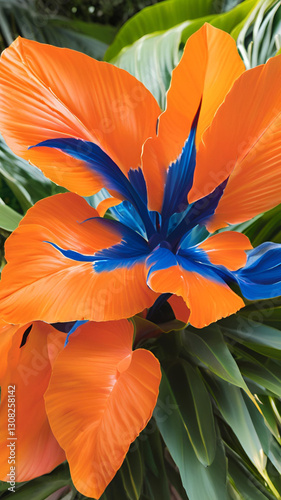 Vibrant Orange and Blue Tropical Flower Close Up Exotic Botanical Photography