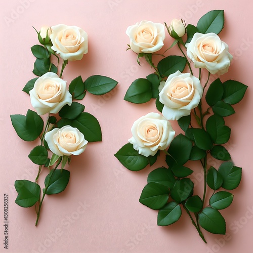 Roses, foliage laid on pink surface