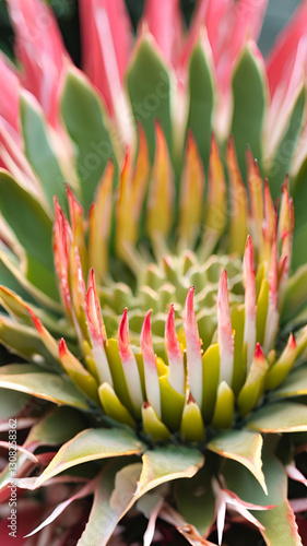 Vibrant Close up of a Striking Pink and Green Bromeliad Flower