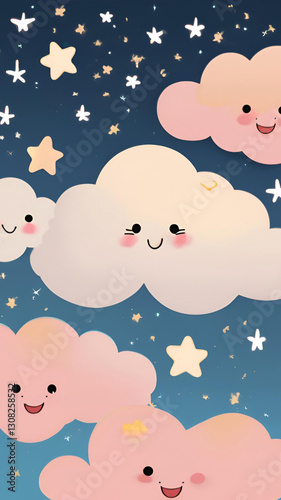 Adorable Cartoon Clouds and Stars Night Sky Illustration Sweet Dreams Wallpaper