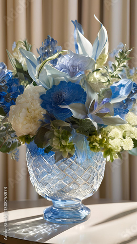 Elegant Blue and White Flower Arrangement in a Crystal Vase Home Decor Tabletop Still Life