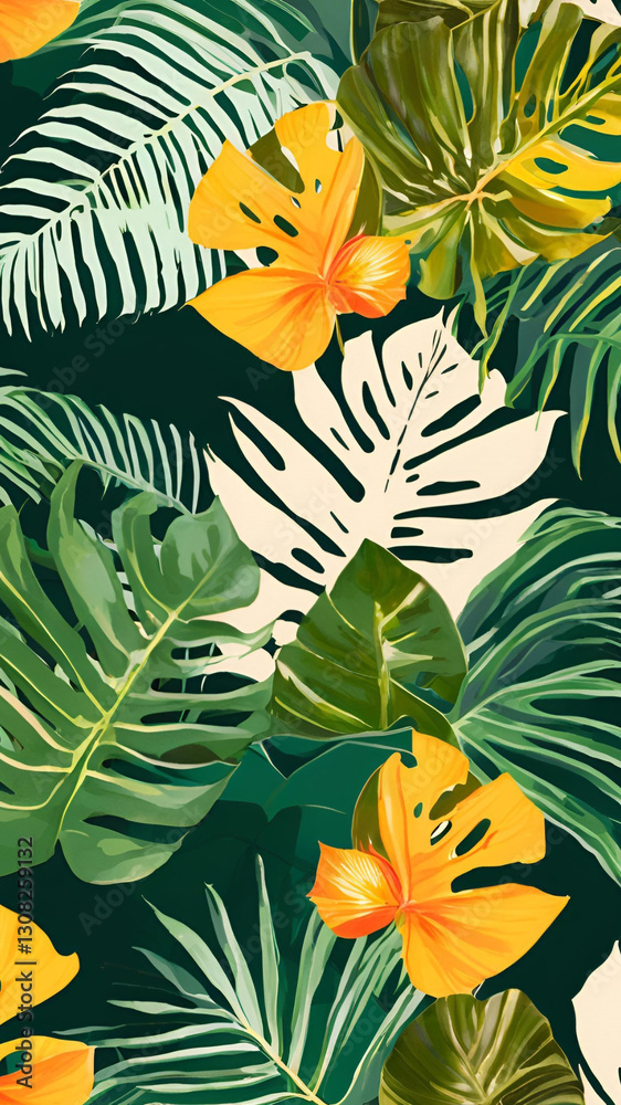 Fototapeta premium Lush Tropical Leaves and Vibrant Yellow Flowers Seamless Pattern Design