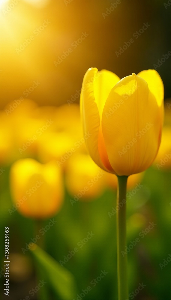 Obraz premium Close-up of yellow tulips glowing in the golden sun with a soft focus background, yellow, garden, glow