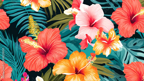 Vibrant Hibiscus and Tropical Leaves Seamless Pattern Bold Floral Design for Textile Wallpaper and