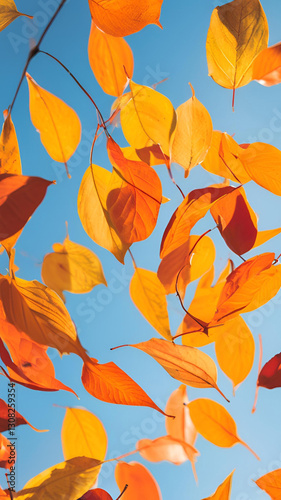 Vibrant Autumn Leaves Falling Against a Clear Blue Sky Nature Background