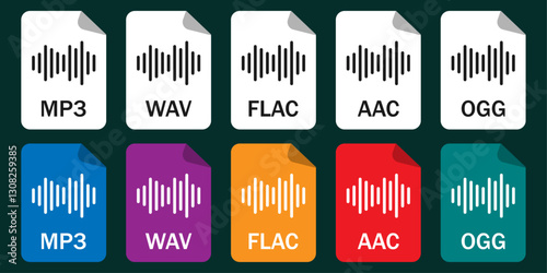 Collection of audio file format icons (MP3, WAV, FlAC, AAC, OGG). Great for apps, music platforms, and digital designs.