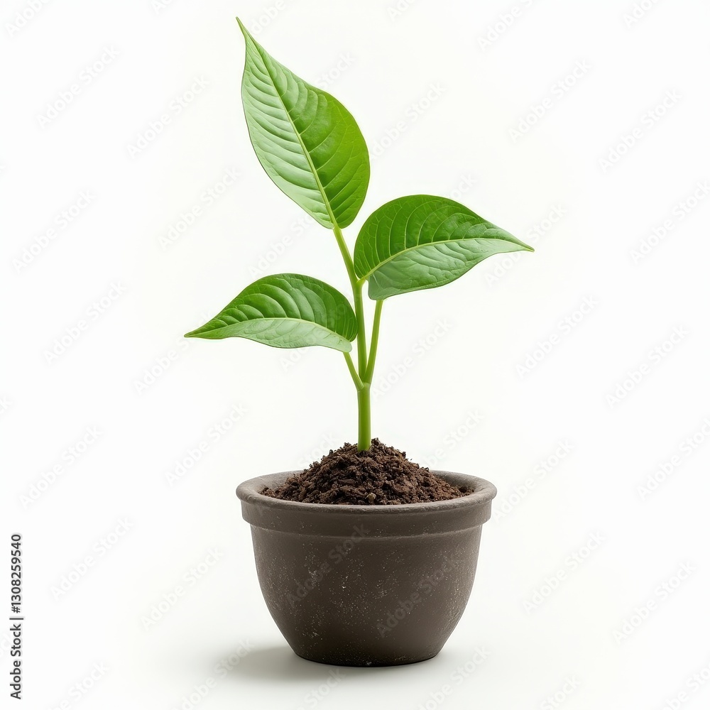 Sprout with detailed leaves growing from a textured pot, against a crisp white background. Sprout with detailed leaves growing from a textured pot, against a crisp white background.