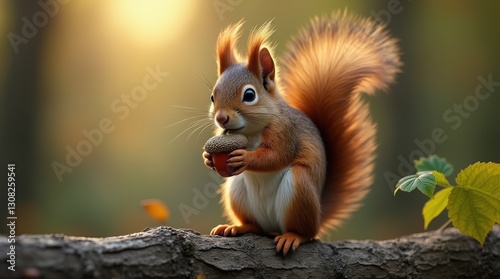 Squirrel with detailed fur holding a vivid acorn