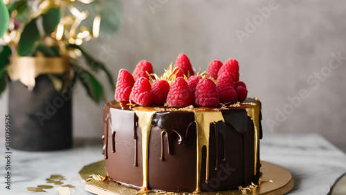 Delicious Chocolate Cake Topped with Raspberries and Gold Leaf Gourmet Dessert