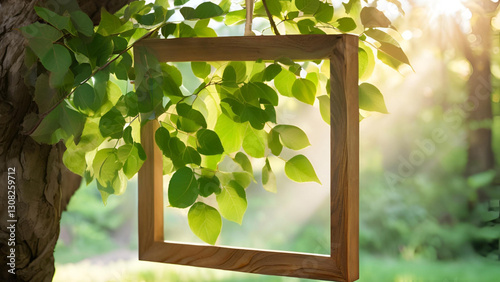 Tranquil Springtime Scene Wooden Frame with Lush Green Leaves and Sunlight