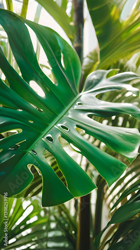 Lush Green Monstera Leaf Close Up Tropical Foliage Exotic Plant Vibrant Nature Photography