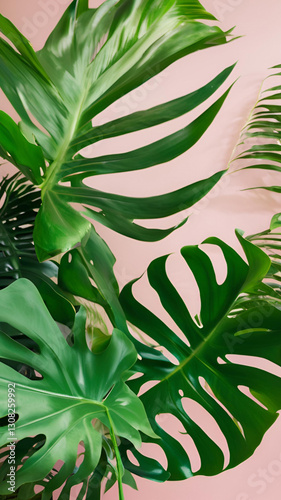 Lush Tropical Monstera and Palm Leaves against a Pink Background Vibrant Green Foliage