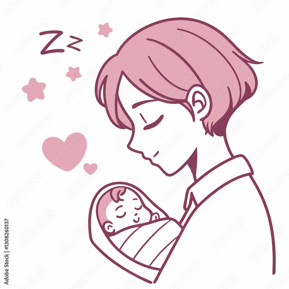 Loving Mom Holding Sleeping Newborn Baby in Arms Illustration Design Loving Mom Holding Sleeping Newborn Baby in Arms Illustration Design