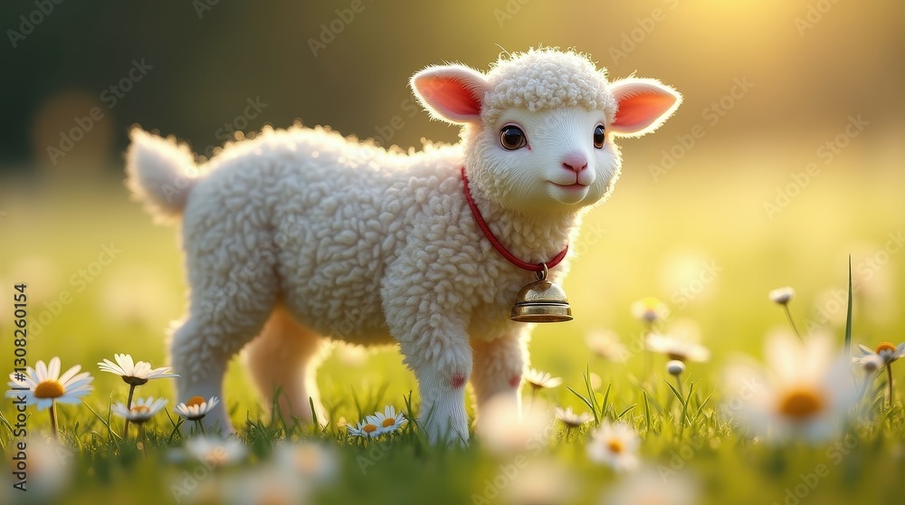 Lamb with detailed wool and a bell, standing in a vivid daisy field under natural sunlight Lamb with detailed wool and a bell, standing in a vivid daisy field under natural sunlight