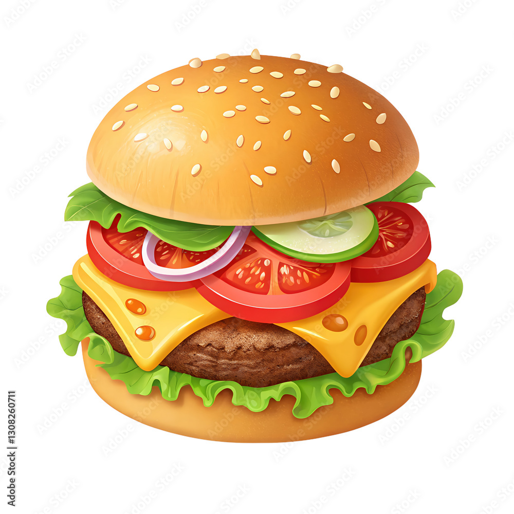 A hamburger with lettuce, tomatoes, and cheese on transparency background A hamburger with lettuce, tomatoes, and cheese on transparency background