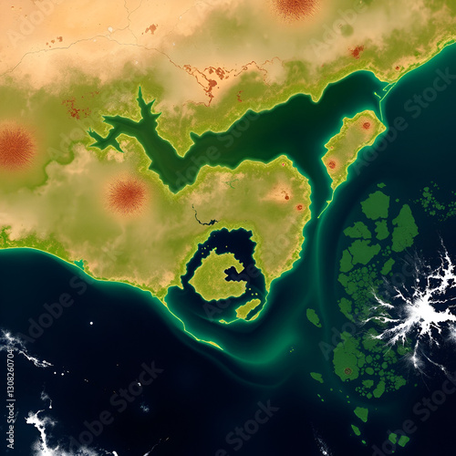 A satellite photo of the Hulun Buir Grassland, A satellite photo of the coastline and swamps in Western Australia, a desert riverine oasis, in shades of white and green