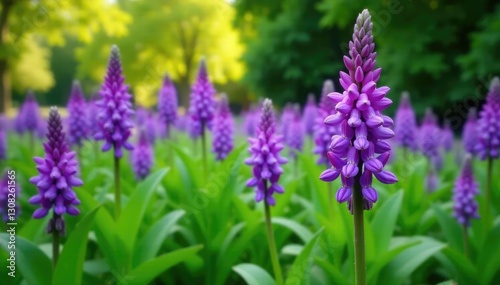 Liriope plant in full bloom with purple flowers, green, garden