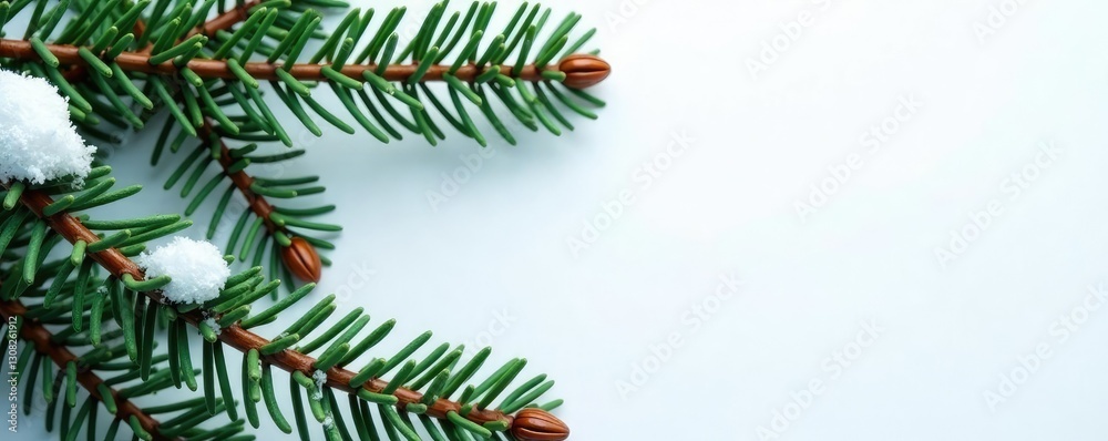 Pine needles and twigs on a snowy white background, branches, evergreen Pine needles and twigs on a snowy white background, branches, evergreen