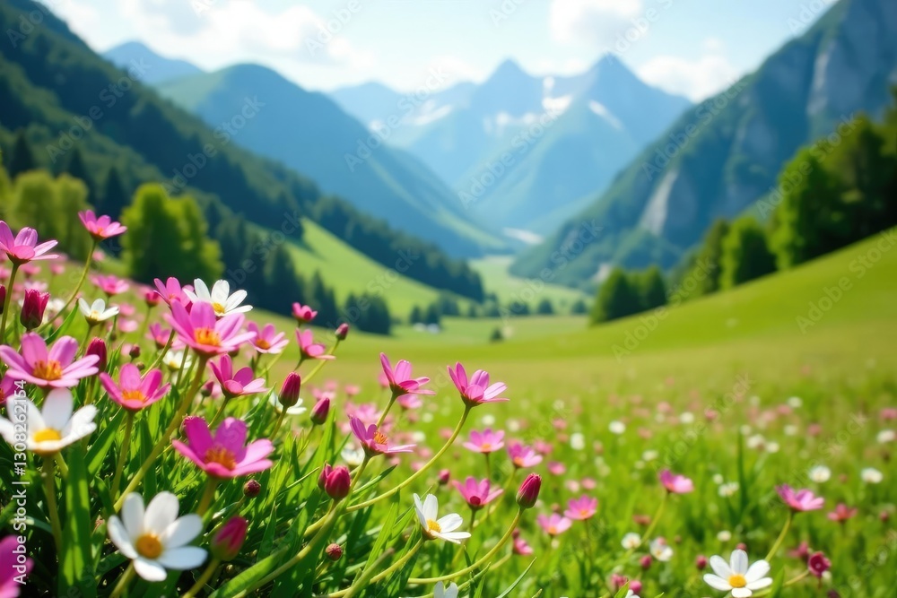 Pink and white flowers swaying gently above a potato crop in a sunlit dolomite valley, flowering plants, green pastures
