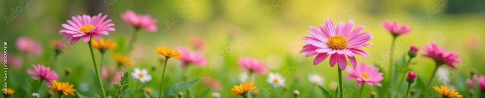 Pink chrysanthemum blooms amidst a lush meadow, herb, meadow, floral Pink chrysanthemum blooms amidst a lush meadow, herb, meadow, floral