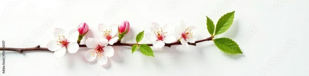 Obraz premium Single branch with leaves and flowers on white surface, growth, flowers, blossoming