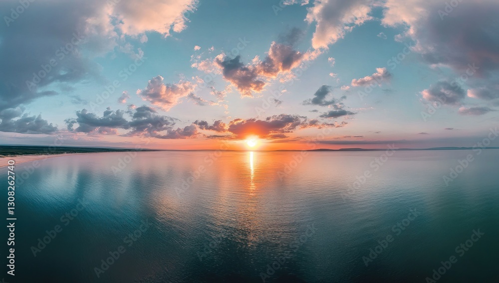 Fototapeta premium Panoramic sunset over tranquil lake.