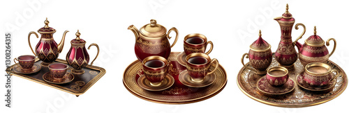 set of set of Arabic tea set with tray, burgundy and gold color theme, transparent background PNG.