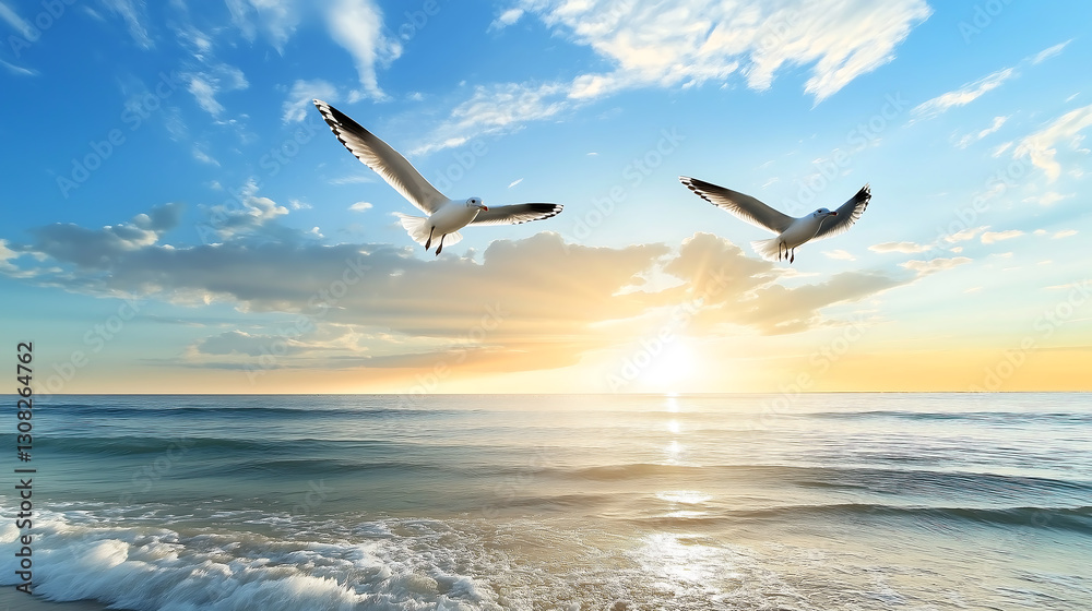 Fototapeta premium Sunrise beach view with seagulls in Summer.