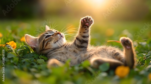 Fototapeta Naklejka Na Ścianę i Meble -  Kitten plays in grass at sunset