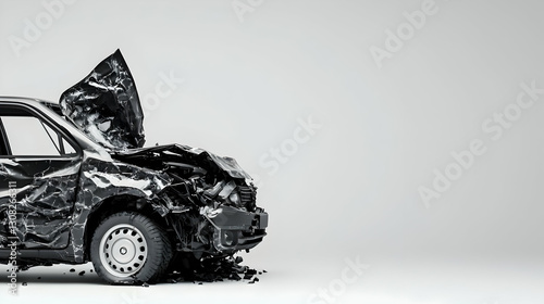 Crumpled Black Car with Damaged Hood and Broken Glass Debris