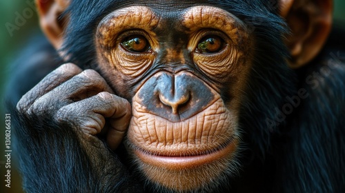 Captivating glimpse of a chimpanzee's visage, left hand tenderly cradling its chin; eyes brimming with curiosity amidst a soft-focus backdrop. 