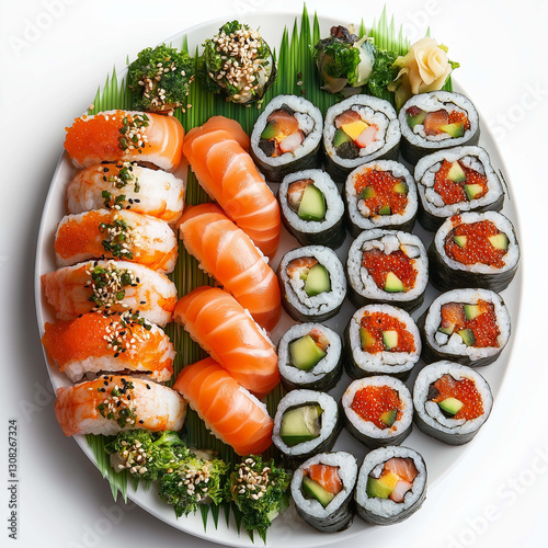 Delicious sushi platter featuring various rolls, salmon, and garnishes, showcasing vibrant colors and fresh ingredients, perfect for culinary experience