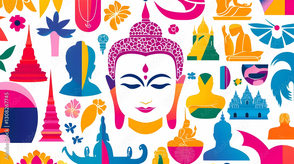 Obraz premium Colorful Buddha and Traditional Asian Symbolic Illustrations
