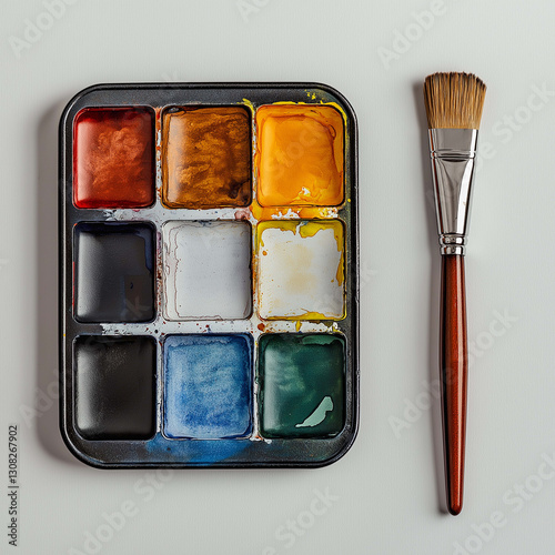 watercolor palette with vibrant colors and brush, perfect for artists. arrangement showcases variety of hues, including red, yellow, blue, and green, inspiring creativity