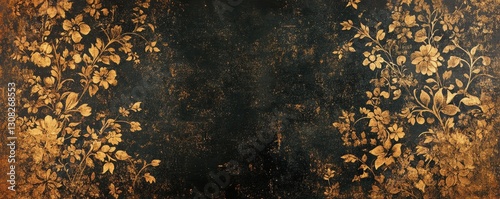 A striking black and gold wall features an intricate floral design, showcasing elegant blossoms and swirling vines that create a luxurious and sophisticated atmosphere.