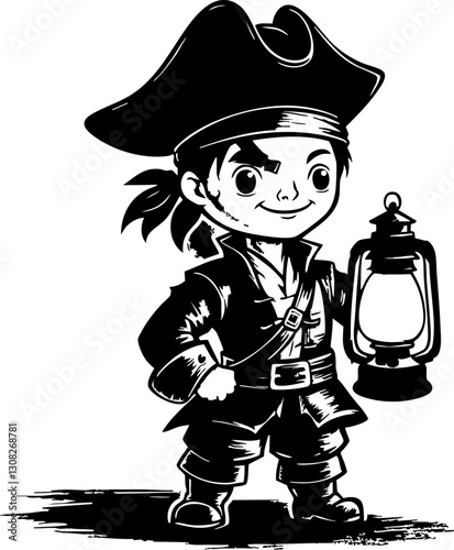 Adventurous pirate character fantasy land illustration black and white front view courage and exploration