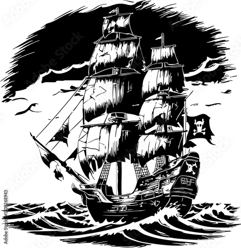 Majestic sailing ship encountering stormy seas open ocean illustration dramatic atmosphere side view adventure concept