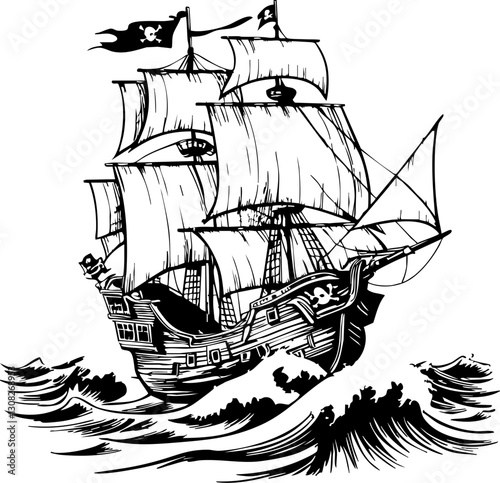 Pirate ship adventure open sea illustration nautical theme dramatic viewpoint classic concept