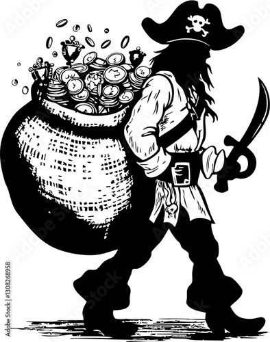 Pirate carrying treasure ocean shore illustration adventure side view bold conquest