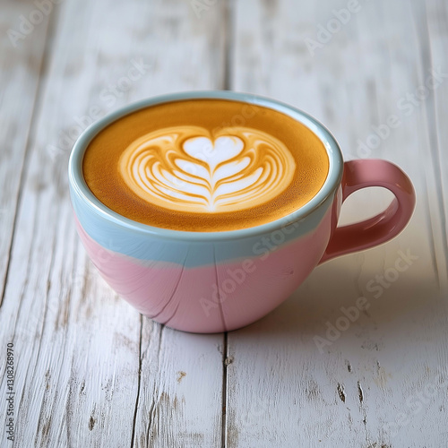 beautifully crafted latte in pastel colored cup, showcasing intricate latte art on top. warm tones and smooth texture create cozy atmosphere
