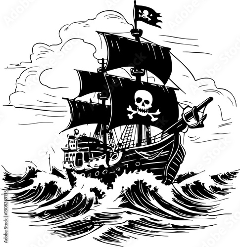 Pirate ship adventure open sea illustrative turbulent waters side view nautical fantasy
